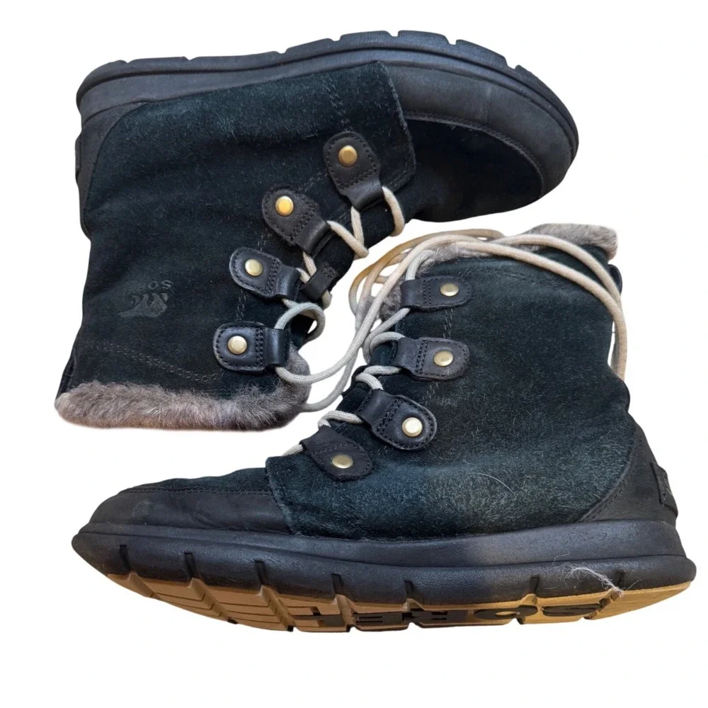 Sorel Explorer Joan Womens 9.5 Black Suede Faux Fur Winter Boots Waterproof Lace